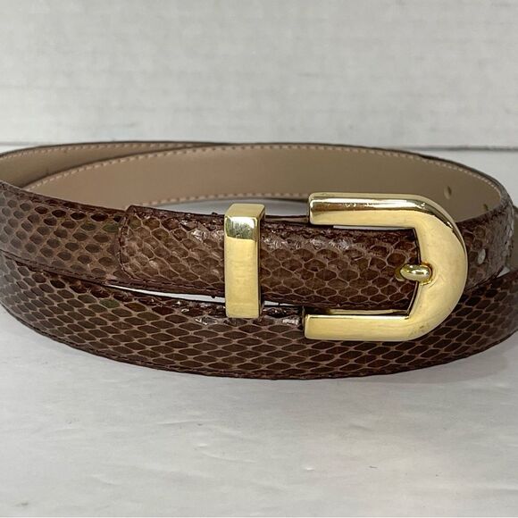 VTG Skinny Genuine Snake Skin Brown Belt Gold Buckle Chic Dressy Textured Size L - Picture 11 of 11
